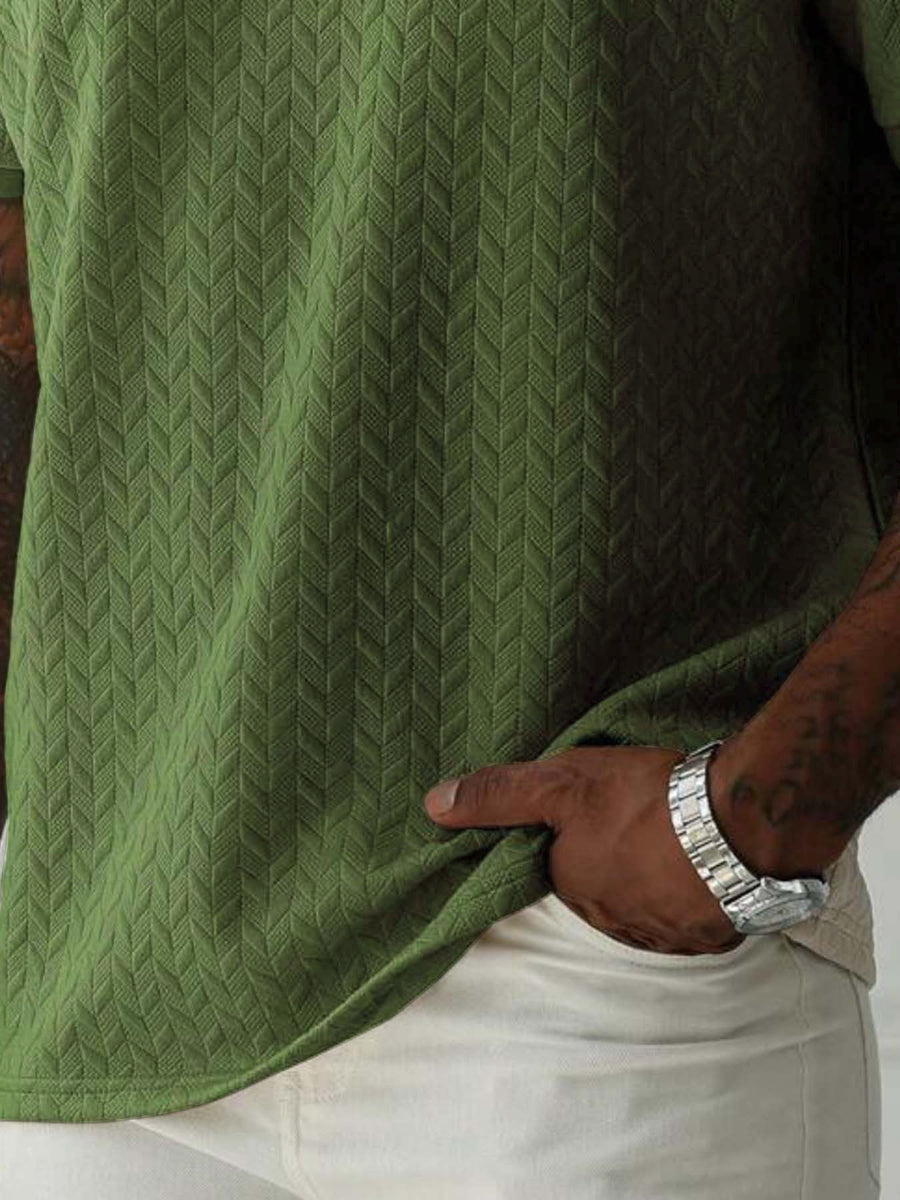 Men'S Summer Fashion Breathable Polo Shirt Short Sleeve, Easy Style, 3D Jacquard Texture Fabric, Vertical Texture Very Good, Zipper Collar Design, Easy Style Small Print Pattern And Zipper Details - fern green