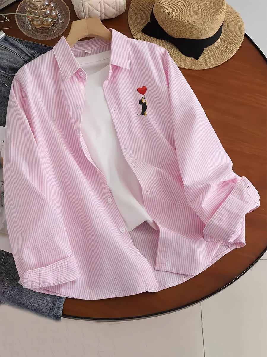Spring And Autumn Thin Healing Style Trendy Men'S Cartoon Niche Fun Pattern Long Sleeve Thin Striped Casual Shirt - Pink 02