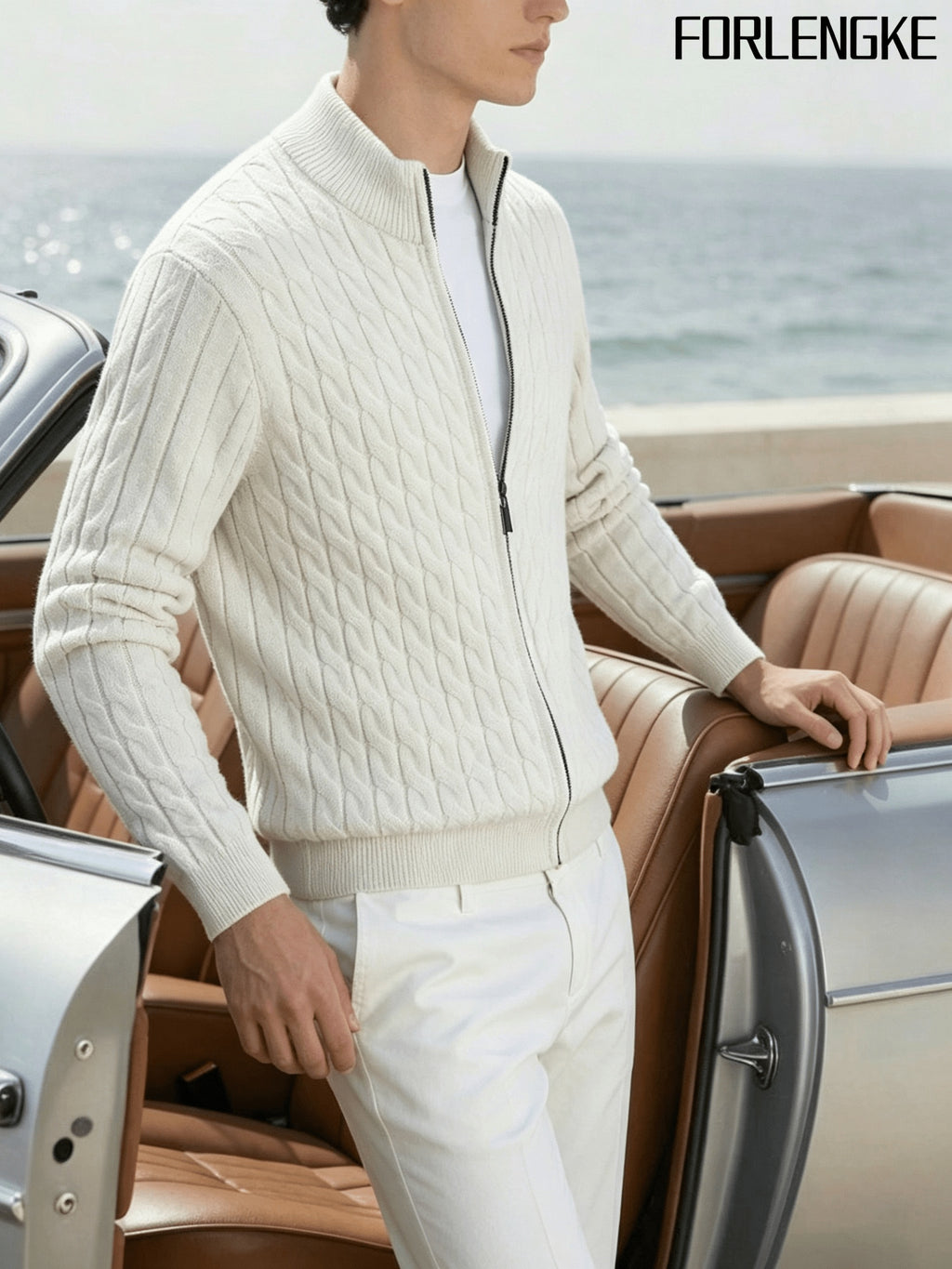 FORLENGKE Men'S Stand Collar Zip-Up Knit Jacket, Autumn And Winter Retro Cable Knit Sweater Cardigan, Comfortable Soft Long Sleeve Top, Everyday Commuting Casual Easy Versatile Knitwear in Multiple Colors - White