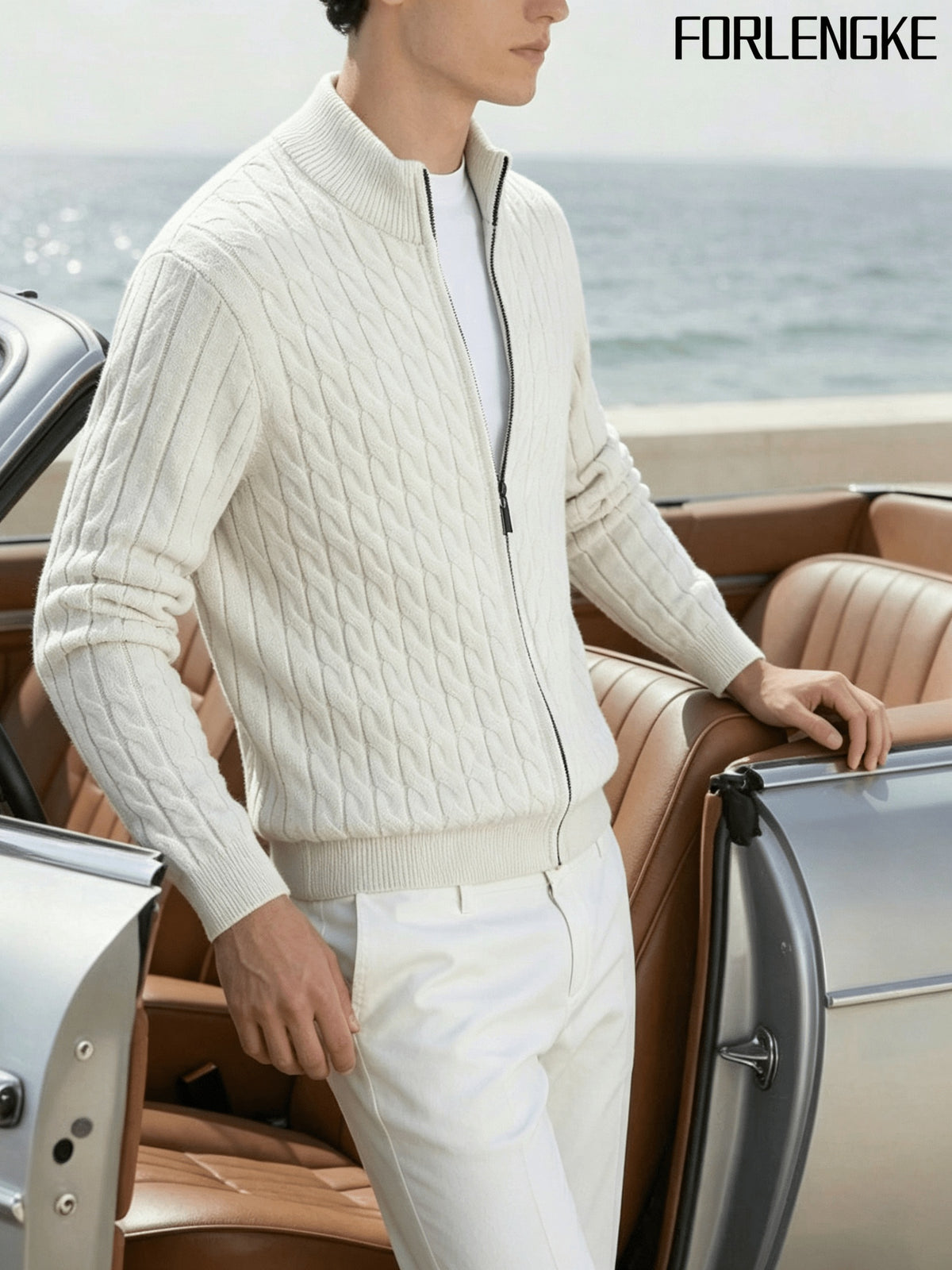 FORLENGKE Men'S Stand Collar Zip-Up Knit Jacket, Autumn And Winter Retro Cable Knit Sweater Cardigan, Comfortable Soft Long Sleeve Top, Everyday Commuting Casual Easy Versatile Knitwear in Multiple Colors - White