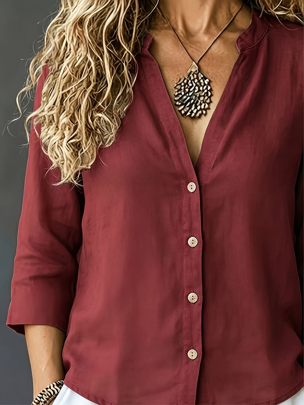 Women's Spring/Summer Casual Loose V-Neck Button-Up Shirt - Burgundy