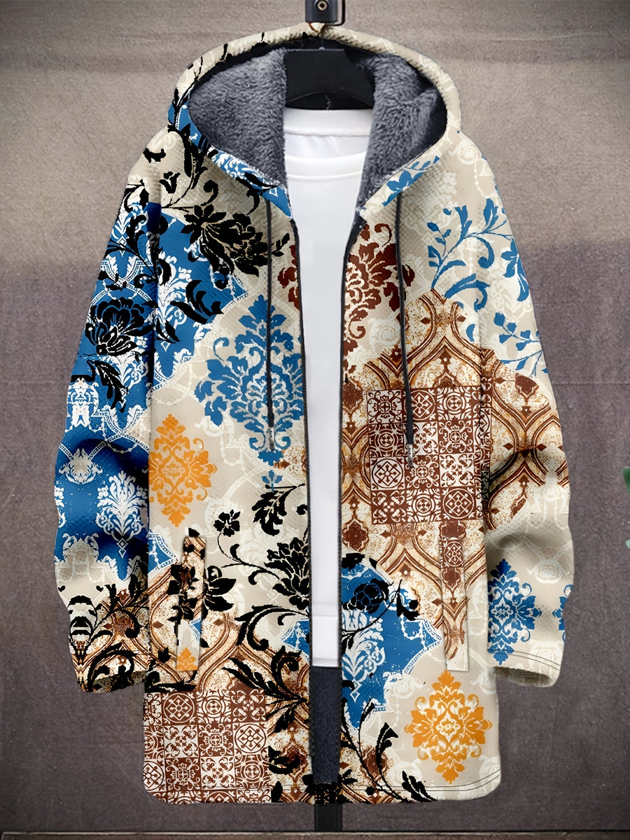 Retro Ethnic Art Pattern 3D Print Fashion Men'S Plush Thick Long-Sleeved Cardigan Coat Winter Warm Zipper Hooded Coat, Casual, Regular Fit, Daily, Geometric Print - Apricot