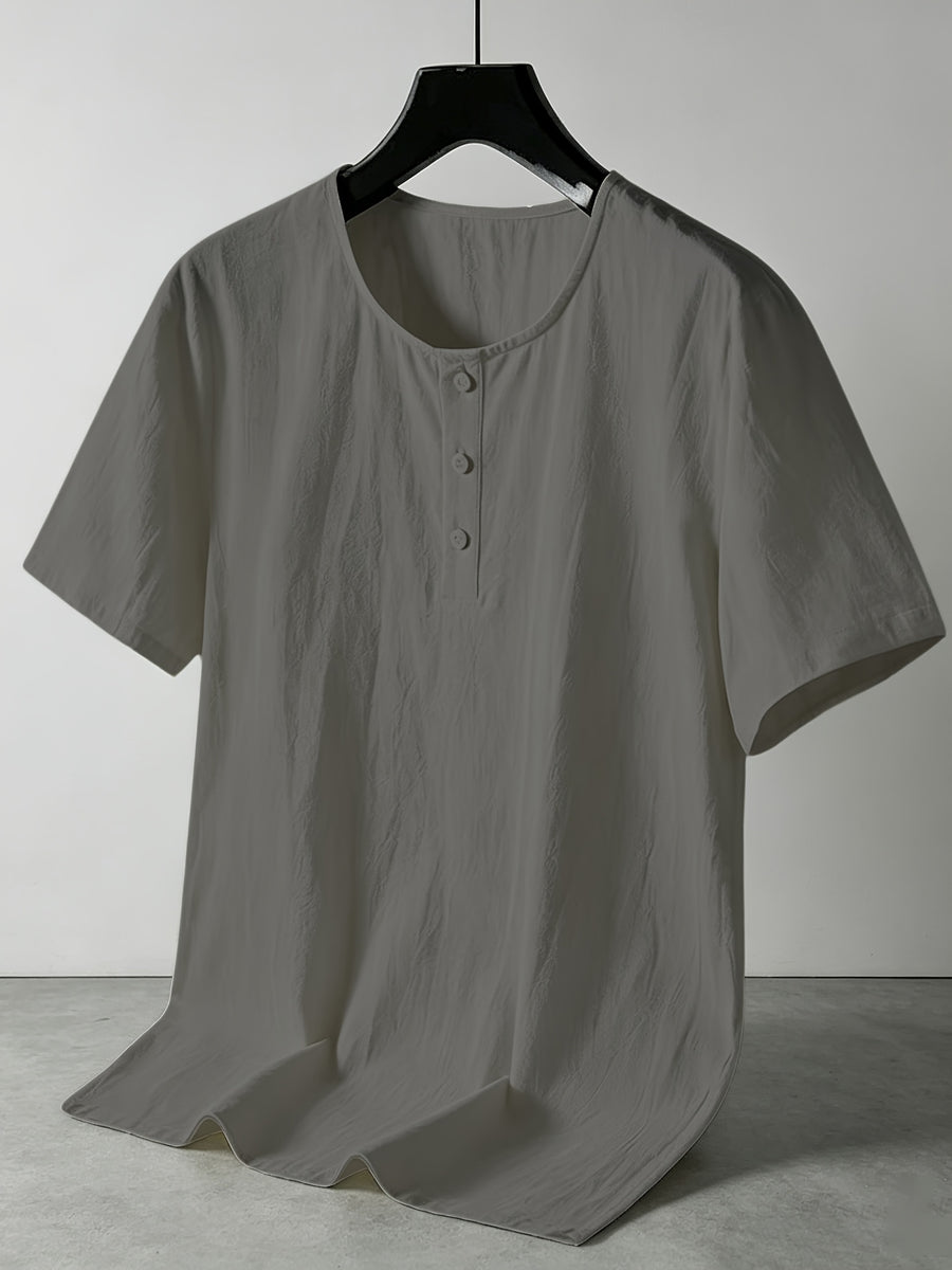 Men'S Summer -Linen Half-Zip Short Sleeve T-Shirt - Breathable Crew Neck Casual Top - Dark Gray