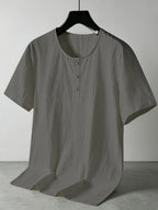 Men'S Summer -Linen Half-Zip Short Sleeve T-Shirt - Breathable Crew Neck Casual Top - Dark Gray