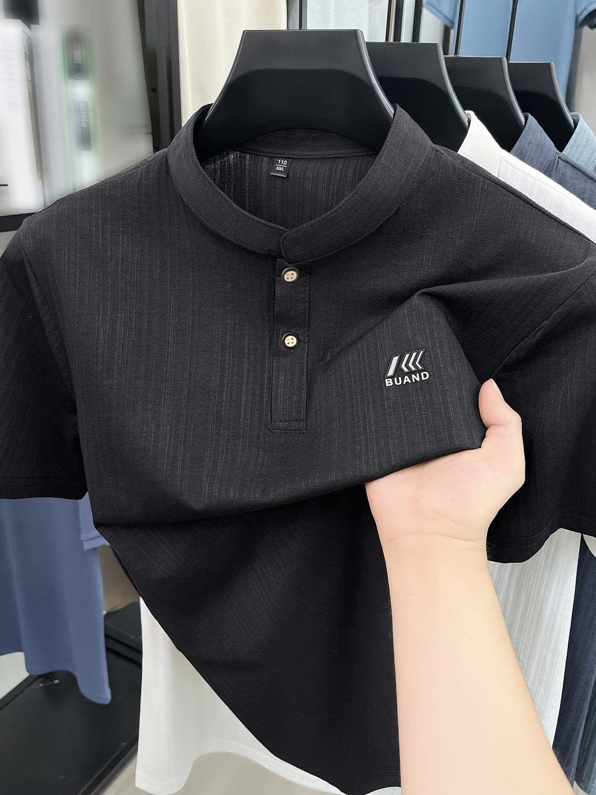[Slight Stretch | Size up for Loose Fit] New Spring/Summer Men's Henry Shirt, Solid Color Half-Open Placket Single-Breasted Stand Collar Short Sleeve T-Shirt, Men's Business Casual Fashionable Breathable Versatile Polo Shirt, Chest Print Basic Tee - Black