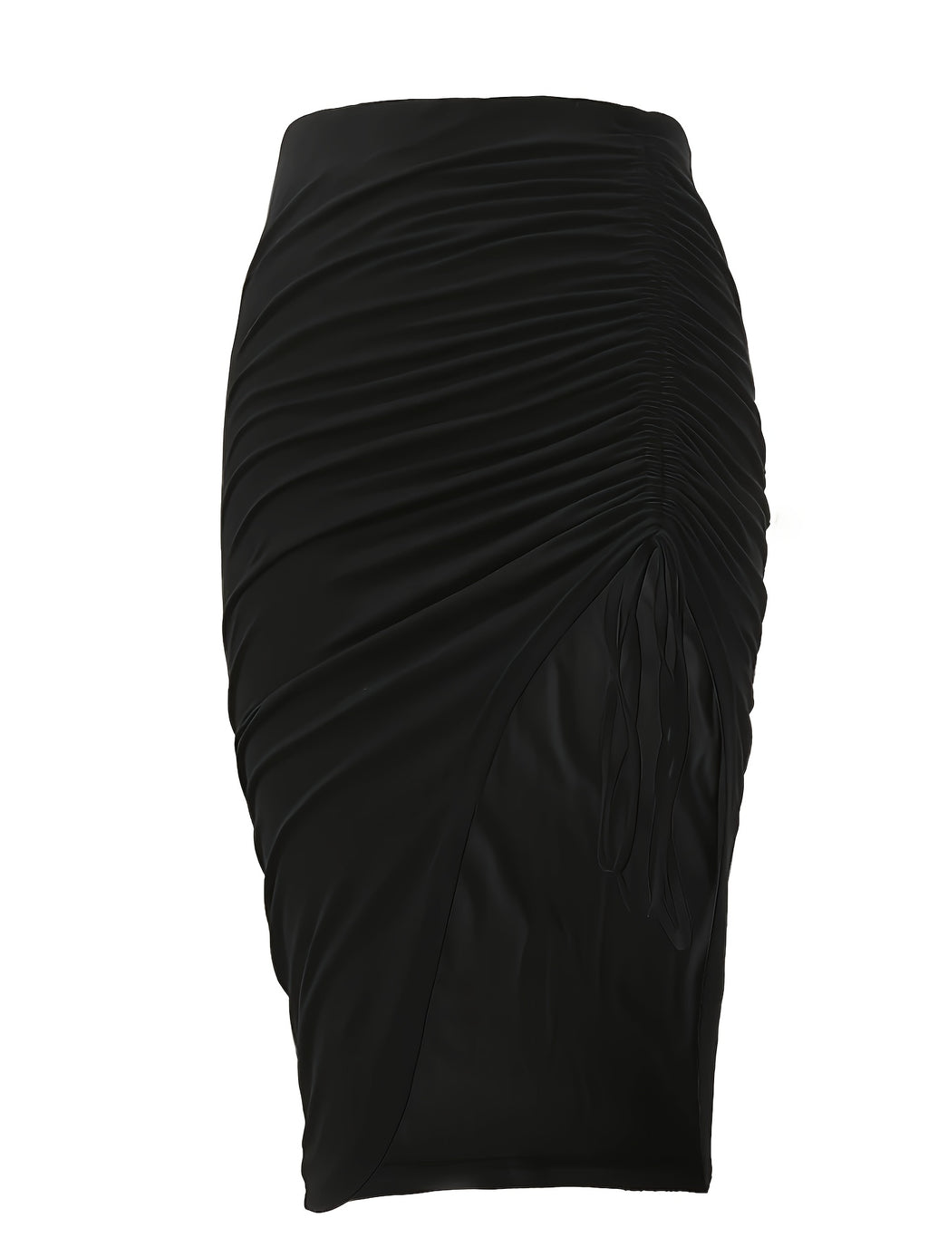 Women'S Drawstring Half Skirt with a Front Slit, Mini Drawstring Mid Skirt - Black