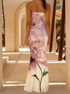 Women'S Elegant Fashion French Floral Print Sleeveless Bandeau Bodycon Butt-Hugging Tailored Evening Vacation Wedding Dress Suitable for New Year Valentine'S Day Party Graduation Gift Wedding Bridesmaid Gown - Mixed colors