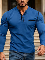 New Quick-Dry Fabric Henley Collar Long Sleeve Men'S Color-Block Lines Chest Pocket Casual Commute Running Fitness Long Sleeve Shirt - Blue
