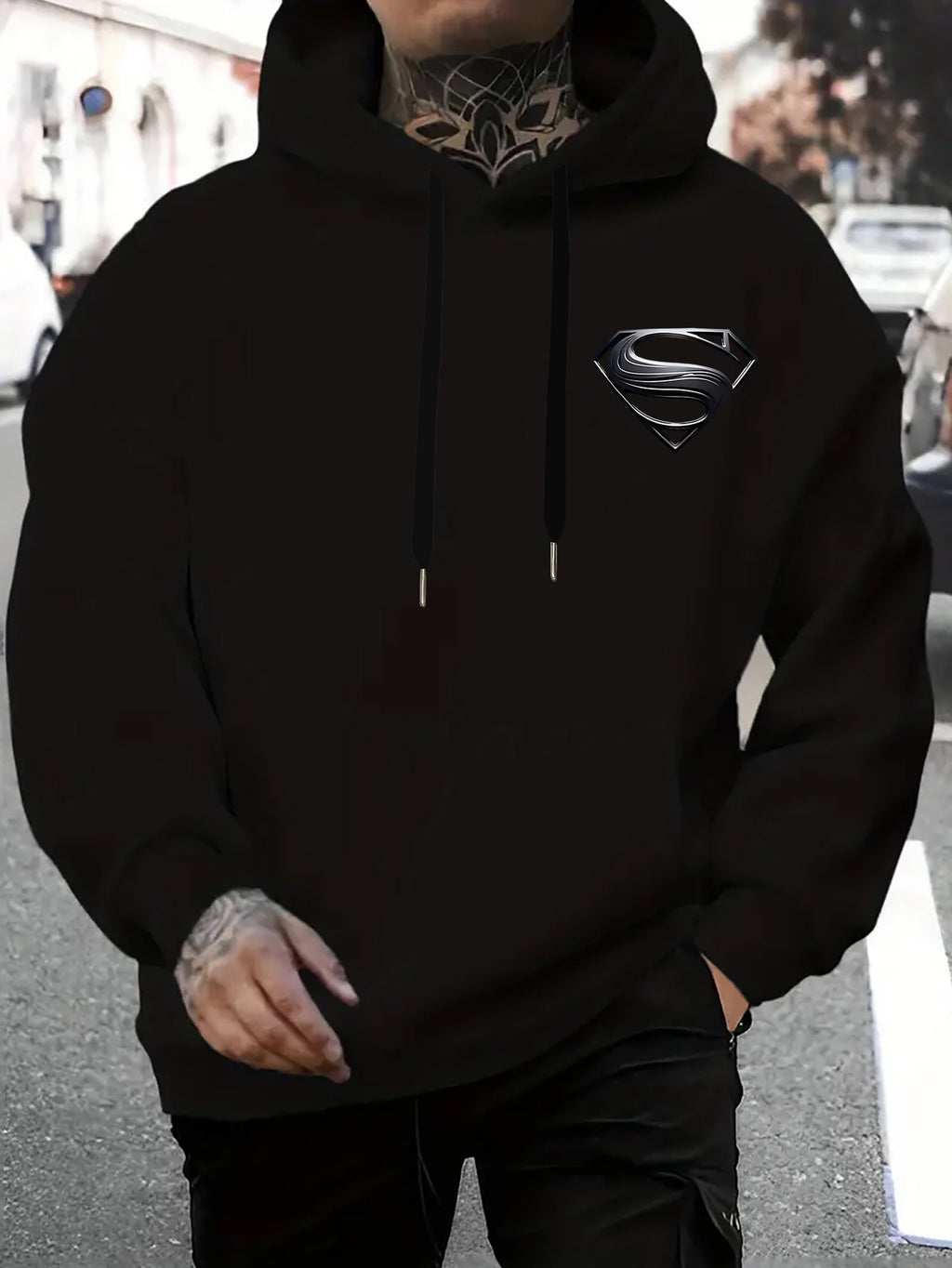 WB Warner Men'S New Trendy Hoodie, Superman Classic Logo Printed Design Hoodie, Daily Casual Drawstring Hoodie, Long Sleeve Hoodie, Machine Washable, Multifunctional Sports And Leisure Loose Fit Men'S Hoodie - Black
