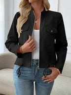 Women'S Lightweight Stand-Collar Jacket – Fashionable Zippered Bomber with Decorative Front Pockets And Adjustable Drawstring Hem, Ideal Casual Street Style Outerwear for Spring And Autumn - Black