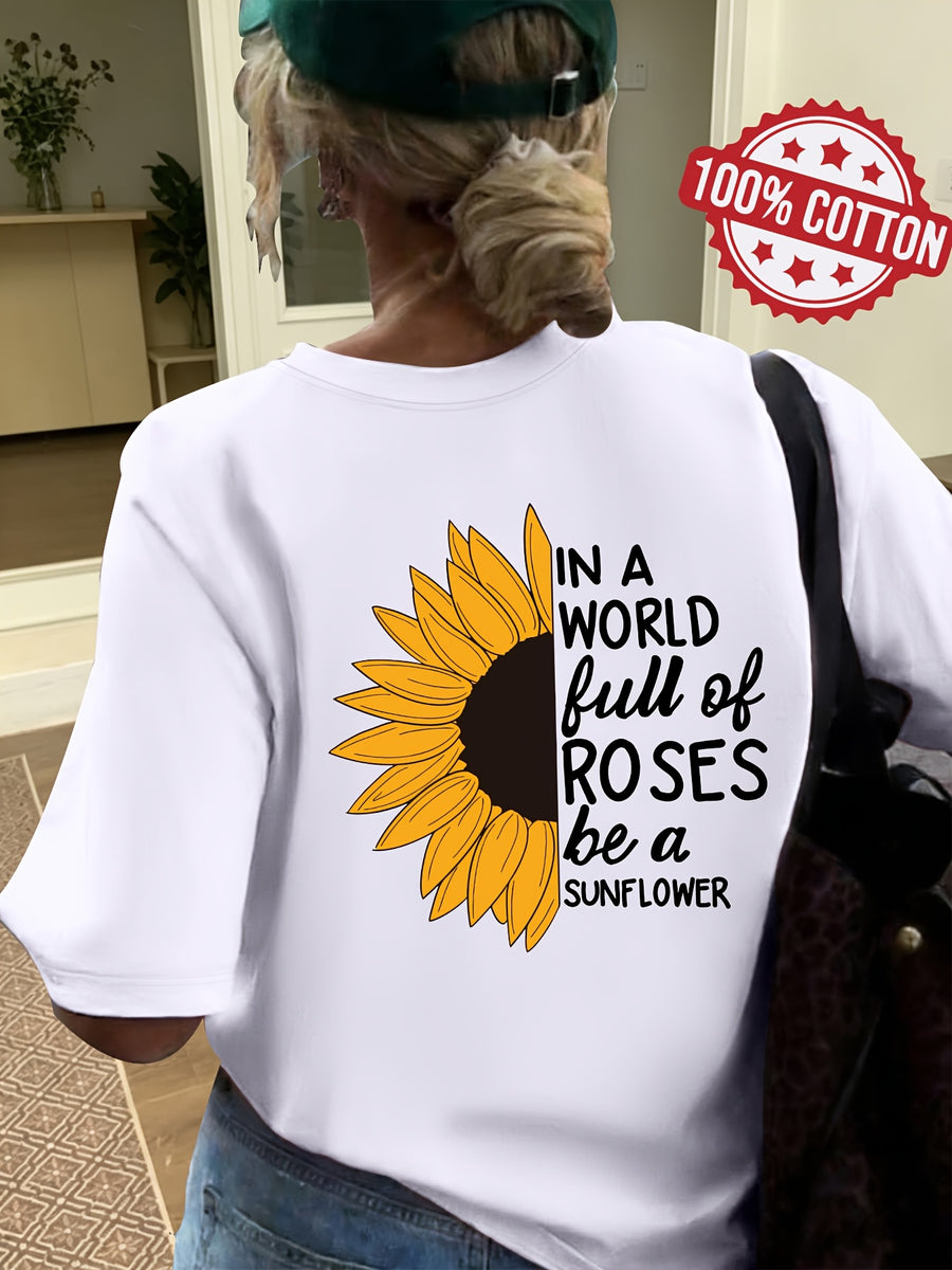 Women'S 100% Short Sleeve T-Shirt, Sunflower Graphic Print Loose Fit Casual Top, Trendy Comfortable Soft Skin-Friendly Tee, Multi-Color Options, Perfect for Daily Commute, Travel, Dating, And Casual Outings - Ivory White