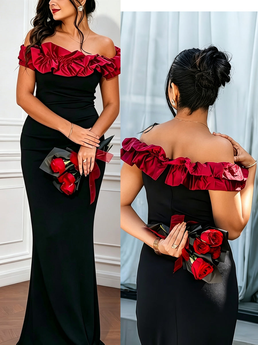 6166 Elegant Burgundy Cloud Off-Shoulder Gown. No Pleats/Ruffles/Arm Coverage, Figure-Flattering, Stretchy Comfortable Fabric, Machine Washable. Dating//Dinner/Birthday Party, Romantic Valentine'S Day, Evening Dress/Fashionable Elegant Evening Gown - Black