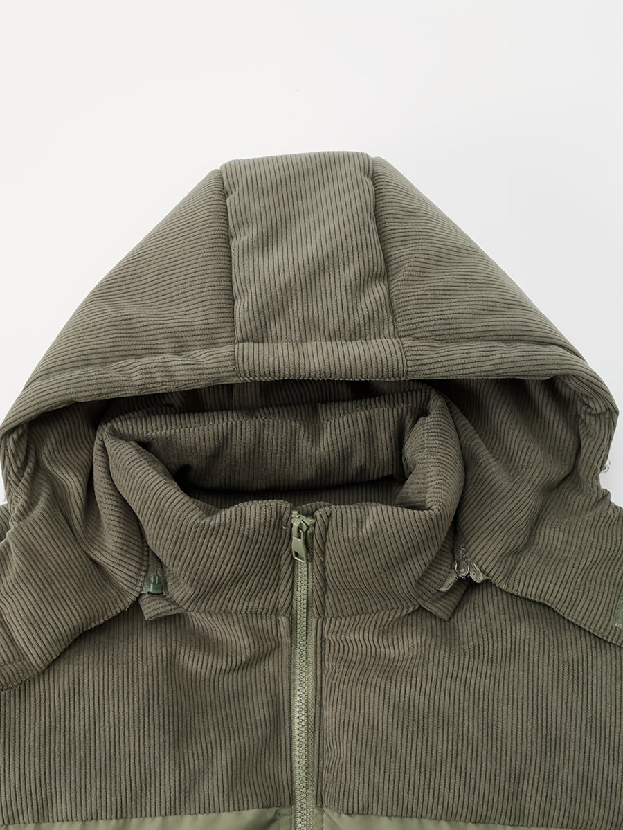 New Men'S Fall Winter Thick Corduroy Jacket Casual Warm Coat - Hooded Jacket, Removable Hood, Warm Winter Overcoat, Suitable for Casual And Formal Occasions, Easy Care Hand Wash Design, Winter Dress, Durable Material - Gray Green