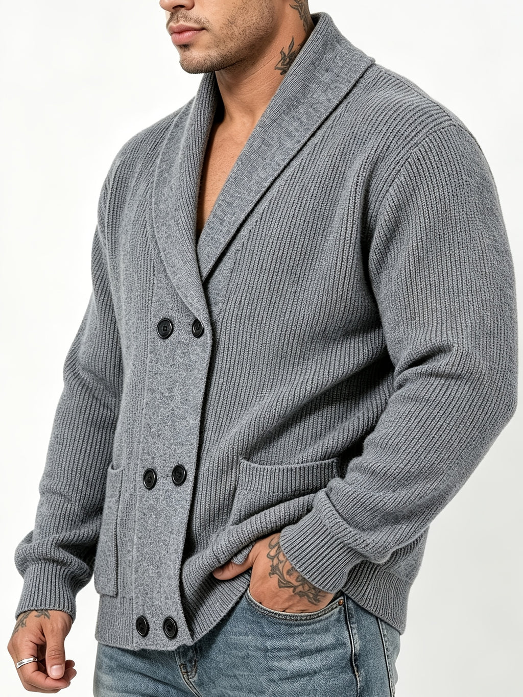 American Casual Men'S Polo Collar Knit Cardigan Heavy Ribbed Fabric Double-Breasted Loose All-Match Long-Sleeve Jacket - 10531-26310 Gray