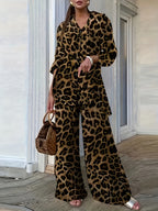 An Elegant Women's Leopard Print Suit Set - Spring/Autumn Season Polyester Fabric, Reversible Collar, All-Over Print Design, Detail-Free Fashion Comfort - Mixed colors