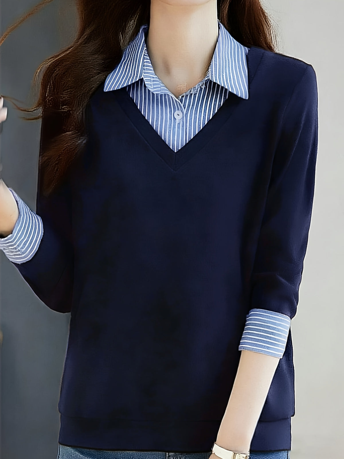 Women's Casual Long-Sleeve Comfortable Fashion Spring/Autumn Collared T-Shirt - Navy Color