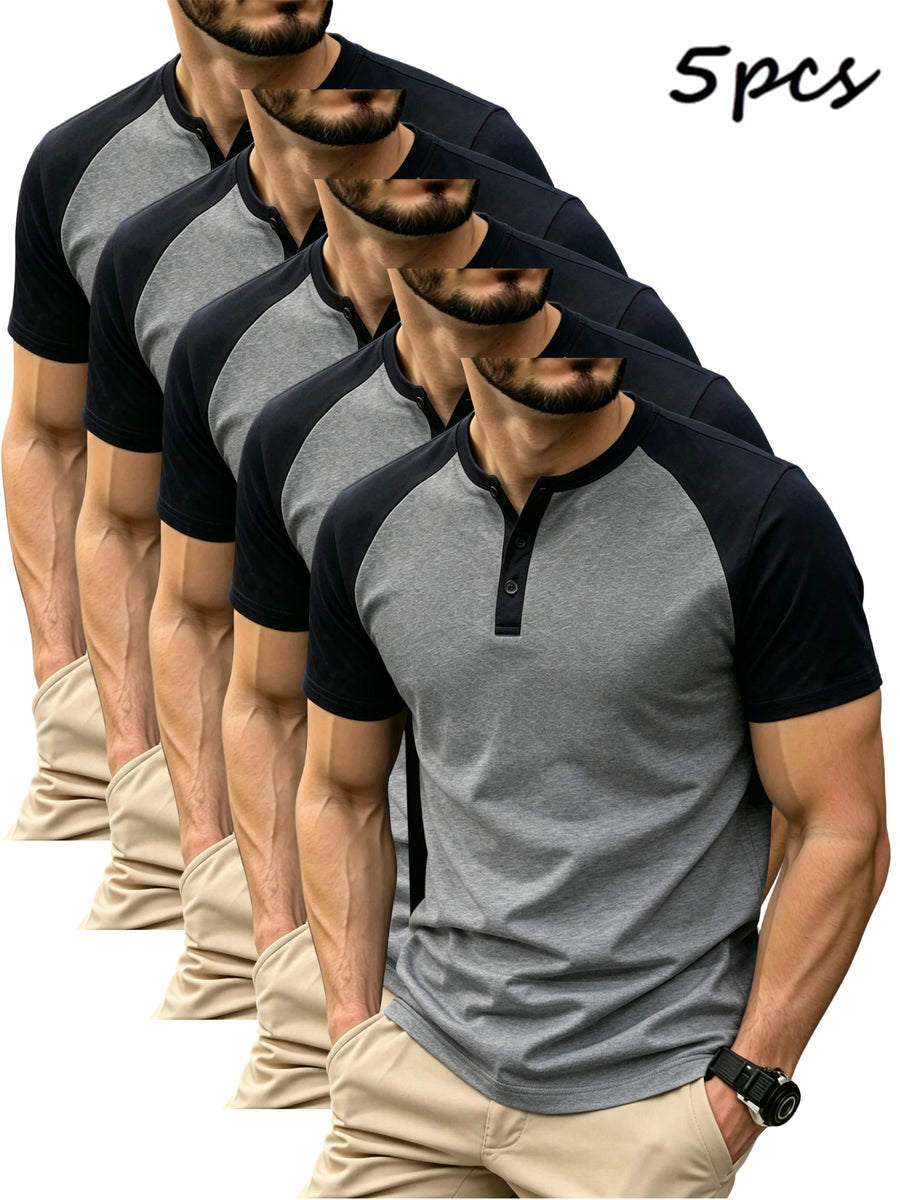 5-Pcs Summer Men'S Short-Sleeve T-Shirt, Raglan Sleeve Henley Shirt, Multi-Color Solid Casual Sports Top, Button-Up Round Neck Shirt - Dark Gray
