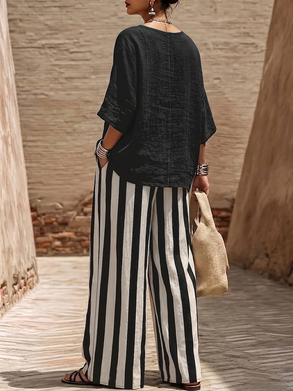 Women'S Fashion Loose Casual Two-Piece Set, Vacation Style Batwing Sleeve Round Neck Top And High-Waist Striped Wide-Leg Pants - Black