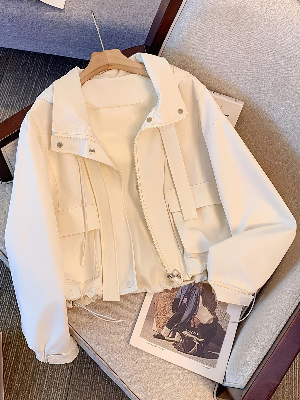 Women'S Spring Autumn New Niche Design Hooded Zip-Up Jacket, Style Drawstring Long Sleeve Casual Jacket Top - White