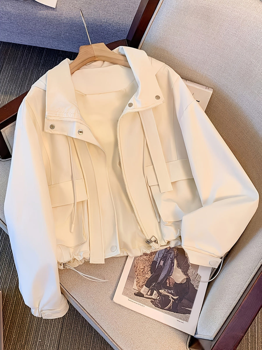 Women'S Spring Autumn New Niche Design Hooded Zip-Up Jacket, Style Drawstring Long Sleeve Casual Jacket Top - White