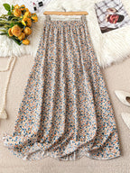 Women's High Waist Floral Maxi Skirt, A-Line Flowy Resort Skirt, French Style Elegant Dress for Spring Summer Fall - Apricot