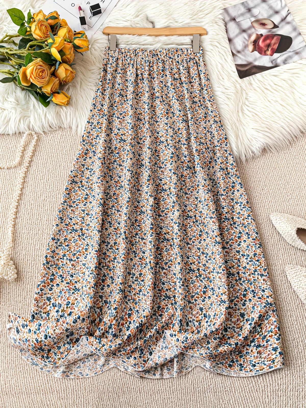 Women's High Waist Floral Maxi Skirt, A-Line Flowy Resort Skirt, French Style Elegant Dress for Spring Summer Fall - Apricot