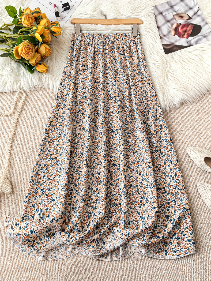 Women's High Waist Floral Maxi Skirt, A-Line Flowy Resort Skirt, French Style Elegant Dress for Spring Summer Fall - Apricot
