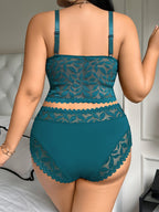 A Plus-Size Women'S Lace Patchwork Lingerie Set - Dark Green