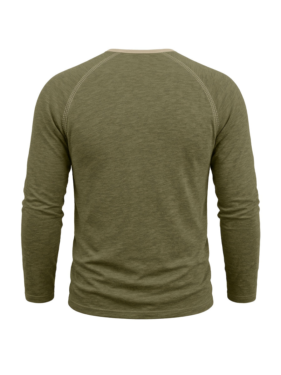 Autumn/Winter Cross-Border Men's Long Sleeve Crew Neck Henley Shirt, European and American Style Men's Pullover Base Layer T-Shirt - Olive Green