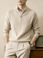 Du Jing Lan OBM Spring/Autumn New Arrival Men's Knitted Pullover, Old Money Style Solid Color Half-Open Placket Stand Collar Long Sleeve Knitted Pullover, Men's Business Casual Fashion Ribbed Sweater, Suitable for Layering or Wearing as an Inner - Beige Color