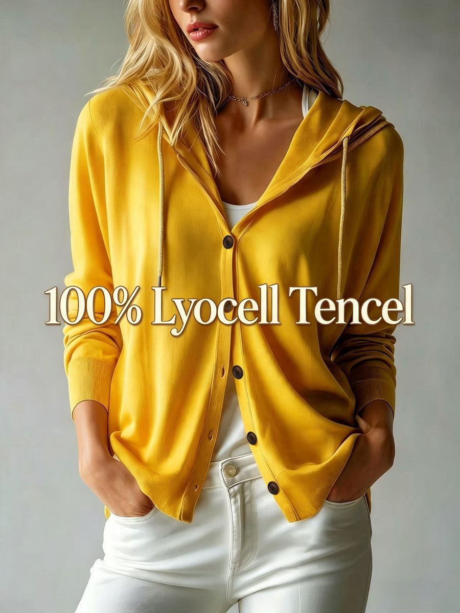 Lyocell Tencel Women'S Sweater Cardigan Hooded Cardigan Women'S Spring Autumn Winter Style Long Sleeve Button Loose Coat, Western Style Casual Temperament Top, Drawstring Hood Design, Daily Commute Outing Versatile Outerwear Elegant - Yellow