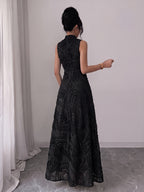 Summer New Style Stand Collar Sleeveless Elegant Evening Dress Women'S 3D Wavy Pleated Sequined Mesh Banquet Dress - Black