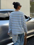 Vintage Brown/White/Blue Striped Oversized T-Shirt - Loose Fit Drop Shoulder Long Sleeve Top Suitable for Slightly Fuller Figures, Machine Washable Layering Piece for Fall Winter Wardrobe, Pilling & Fade Resistant Style - Mixed Color 3