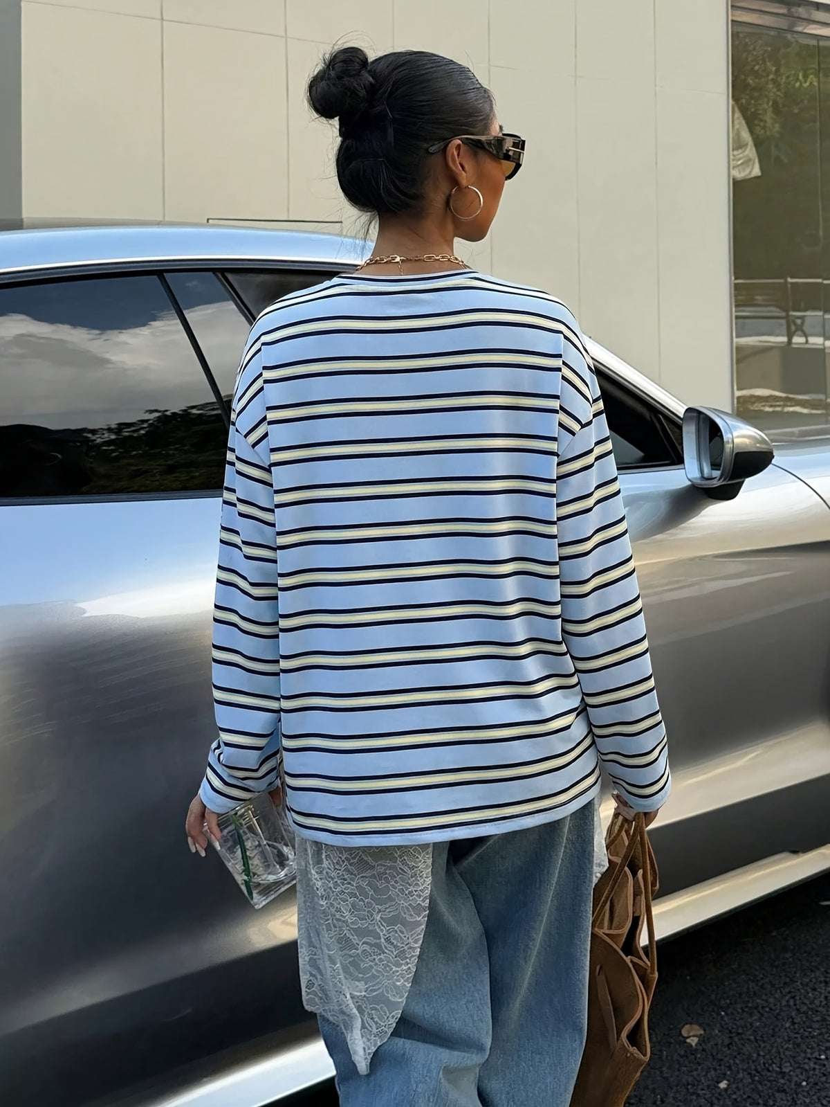 Vintage Brown/White/Blue Striped Oversized T-Shirt - Loose Fit Drop Shoulder Long Sleeve Top Suitable for Slightly Fuller Figures, Machine Washable Layering Piece for Fall Winter Wardrobe, Pilling & Fade Resistant Style - Mixed Color 3
