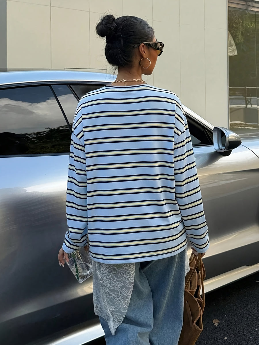 Vintage Brown/White/Blue Striped Oversized T-Shirt - Loose Fit Drop Shoulder Long Sleeve Top Suitable for Slightly Fuller Figures, Machine Washable Layering Piece for Fall Winter Wardrobe, Pilling & Fade Resistant Style - Mixed Color 3