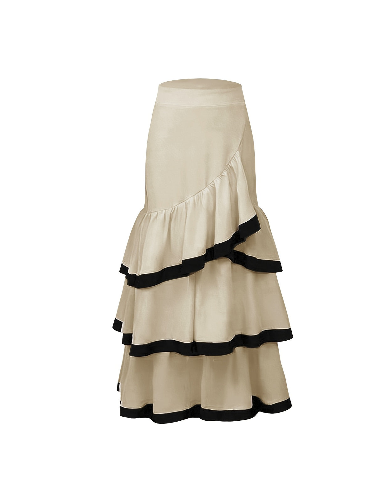 Autumn Versatile Color-Block Elegant Party Gathering Ruffle Hem Women's Skirt - Apricot