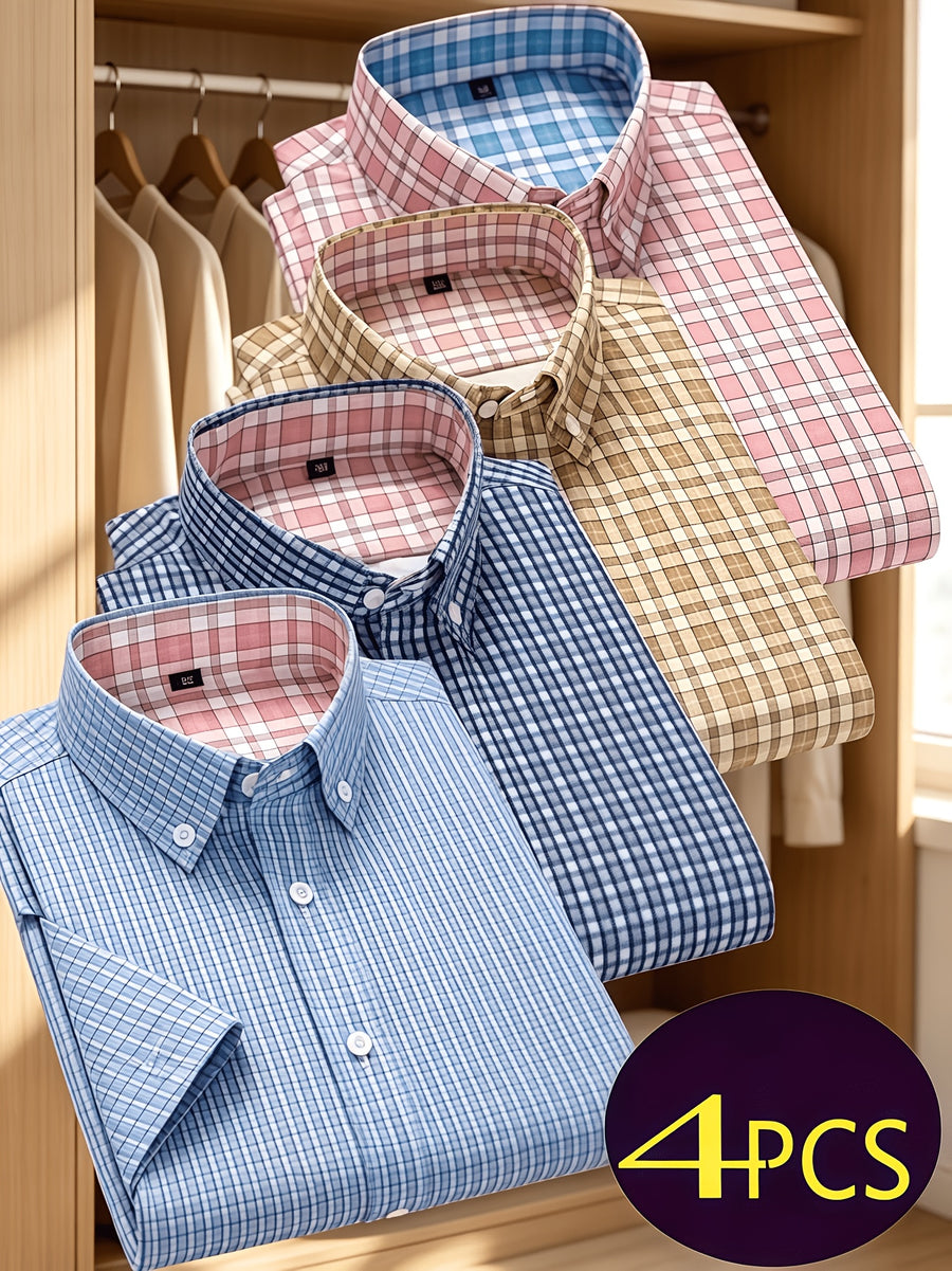 Multi-Color Plaid Men'S Short Sleeve Shirt 4pcs Set, Christmas Gift, Holiday Wear, Office, Date Night, Easy Fit with Festive Style, Casual Wear, Full Holiday Atmosphere, Easy to Get Festive Photos, Easy Cut, Versatile for Layering And Single Wear - Khaki+Pink+Dark Blue+Light Blue