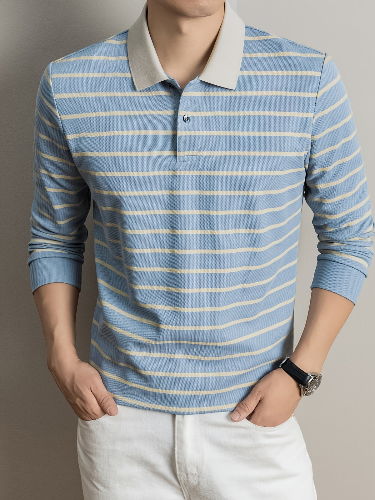 2026 Autumn Men's Long-Sleeve Striped Casual Lapel Polo Shirt - Blue