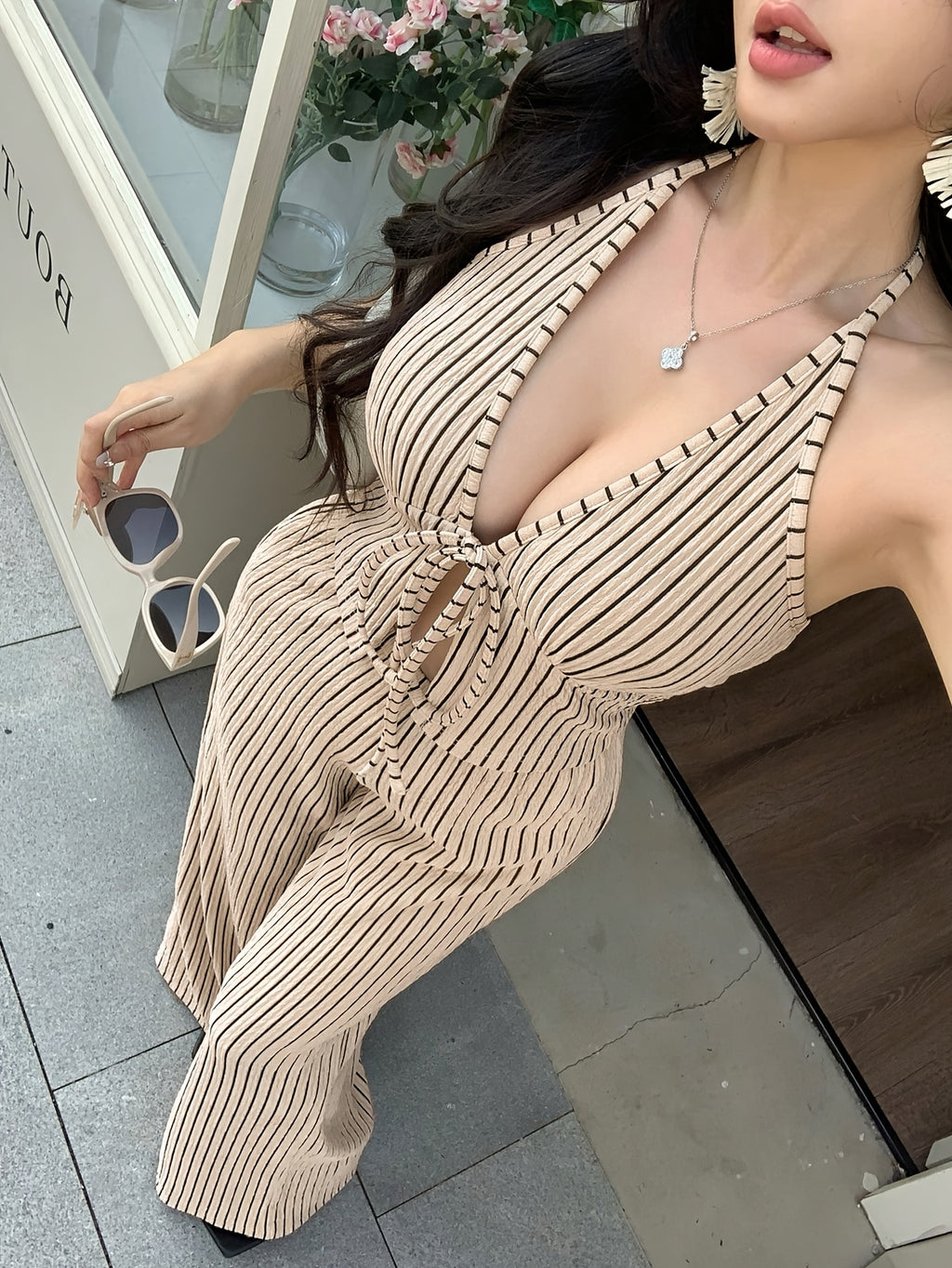 Casual Sexy Commuter Striped V-Neck Cami Top And High-Waist Wide-Leg Pants 2pcs Set - Khaki