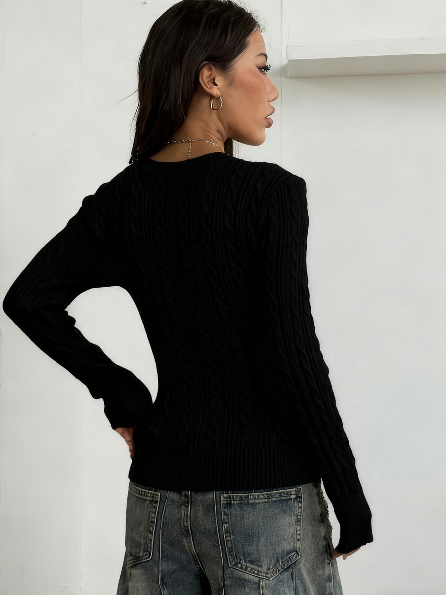 Women'S Spring/Summer Elegant Casual Ribbed V-Neck Long-Sleeved Slim Top - Black