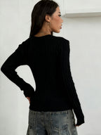 Women'S Spring/Summer Elegant Casual Ribbed V-Neck Long-Sleeved Slim Top - Black