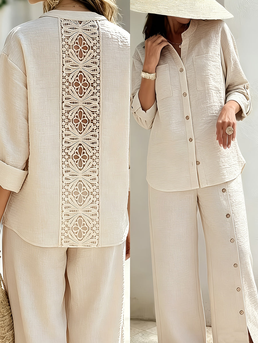 Spring/Summer Loose-Fit Shirt and Wide-Leg Pants 2pcs Set for Women, with Lace Cut-Out Back Design, a Lazy, Casual, and Commuter-Friendly Temperament Set 2A11794 - Apricot