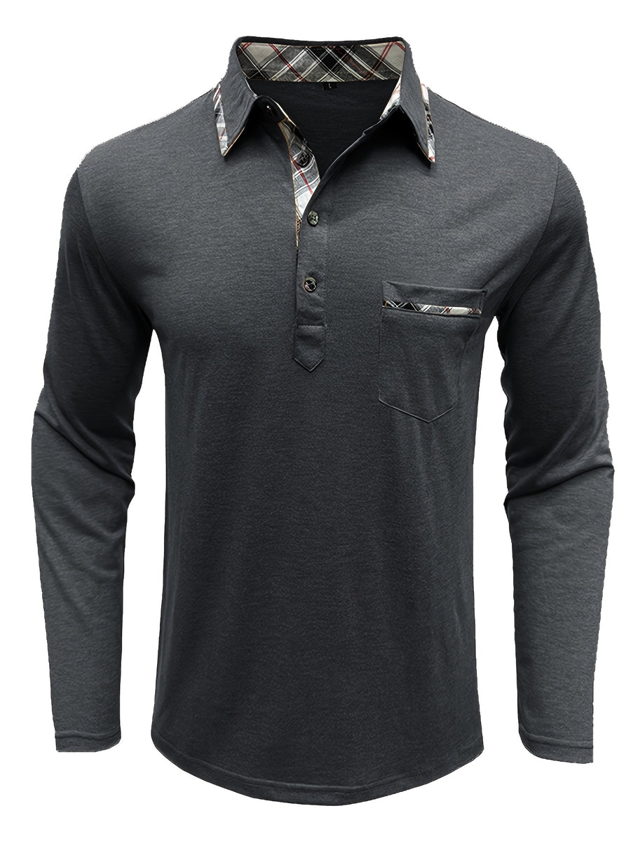 Spring and Autumn Fashion Men's Lapel Pocket Polo Shirt, Solid Color Casual Commuter Pocket Top - Black