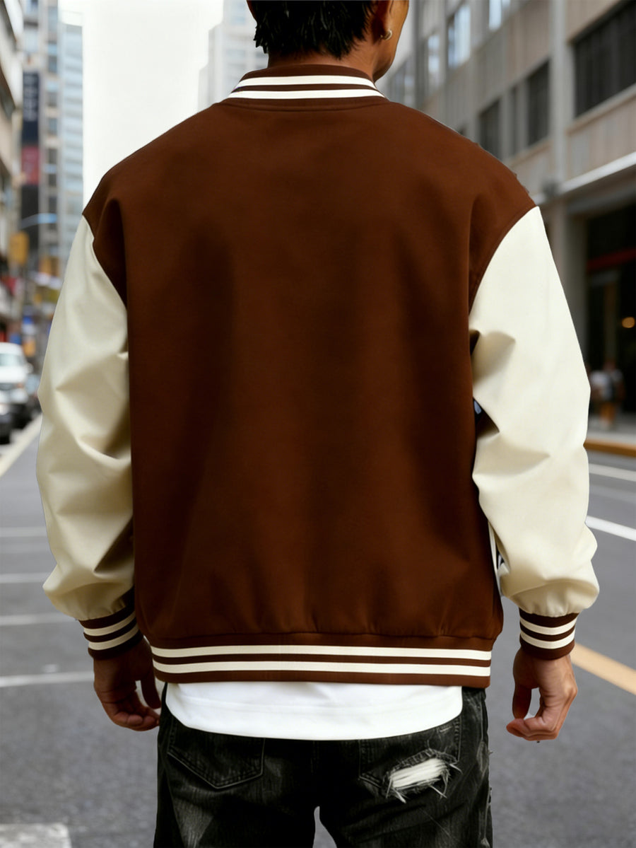 Men's Trendy Baseball Jacket with New York Style NY Letter Graphic Design - Contrast Sleeve Color Block Style - Button Closure with Stretchable Fabric, Versatile and Comfortable Jacket for All Seasons - Suitable for Outdoor Travel, Sports, and Friend - Dark Brown