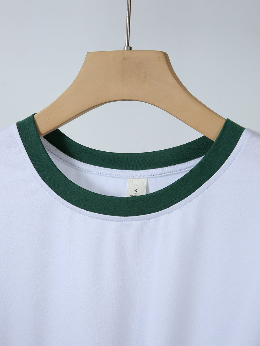 20pcs Women's Colorblock T-Shirt Single Piece, Hand-Drawn Line Art Couple Holding Hands with Heart Print, Colorblock Summer  Sleeve Crew Neck Short Sleeve T-Shirt - Breathable Crew Neck Casual Sport Top, Loose Fit Spring Festival Trendy Apparel - Green + White