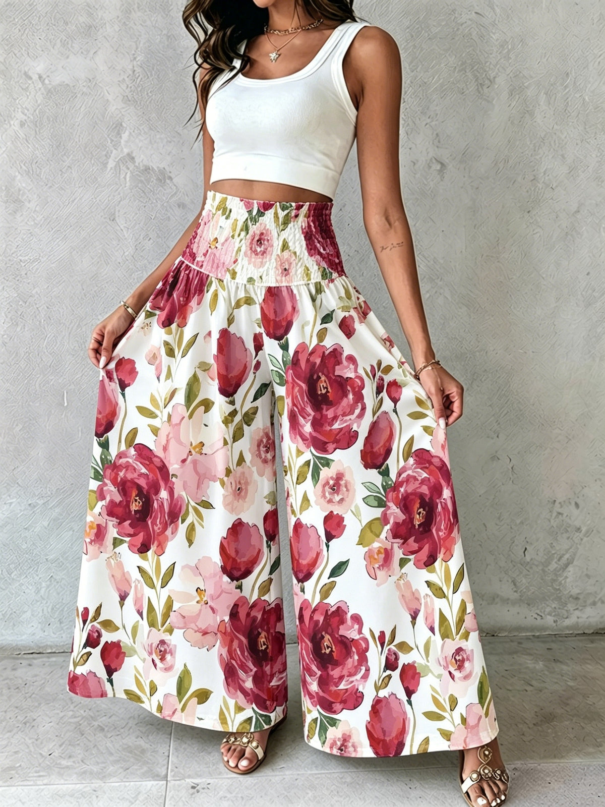 Women'S Floral Print Wide-Leg Pants High-Waist Ruched Waist Bohemian Style Long Trousers Flowy Vacation Pants - Multicolor 1