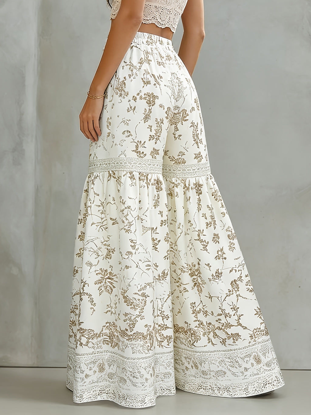 TD0319010 Women's Bohemian Style Printed Wide-Leg Pants, Summer Lightweight High-Waist Elastic Waist Flared Palazzo Pants/Skort - Apricot