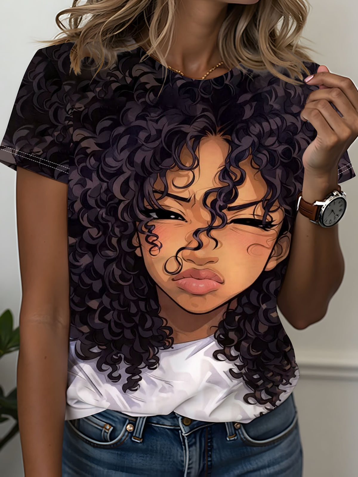 Women'S Cool Curly Hair Short Sleeve T-Shirt | Full Print Anime Portrait Personalized Print And Trendy Street Style Design Loose Breathable Casual Top Women'S T-Shirt - Multicolor