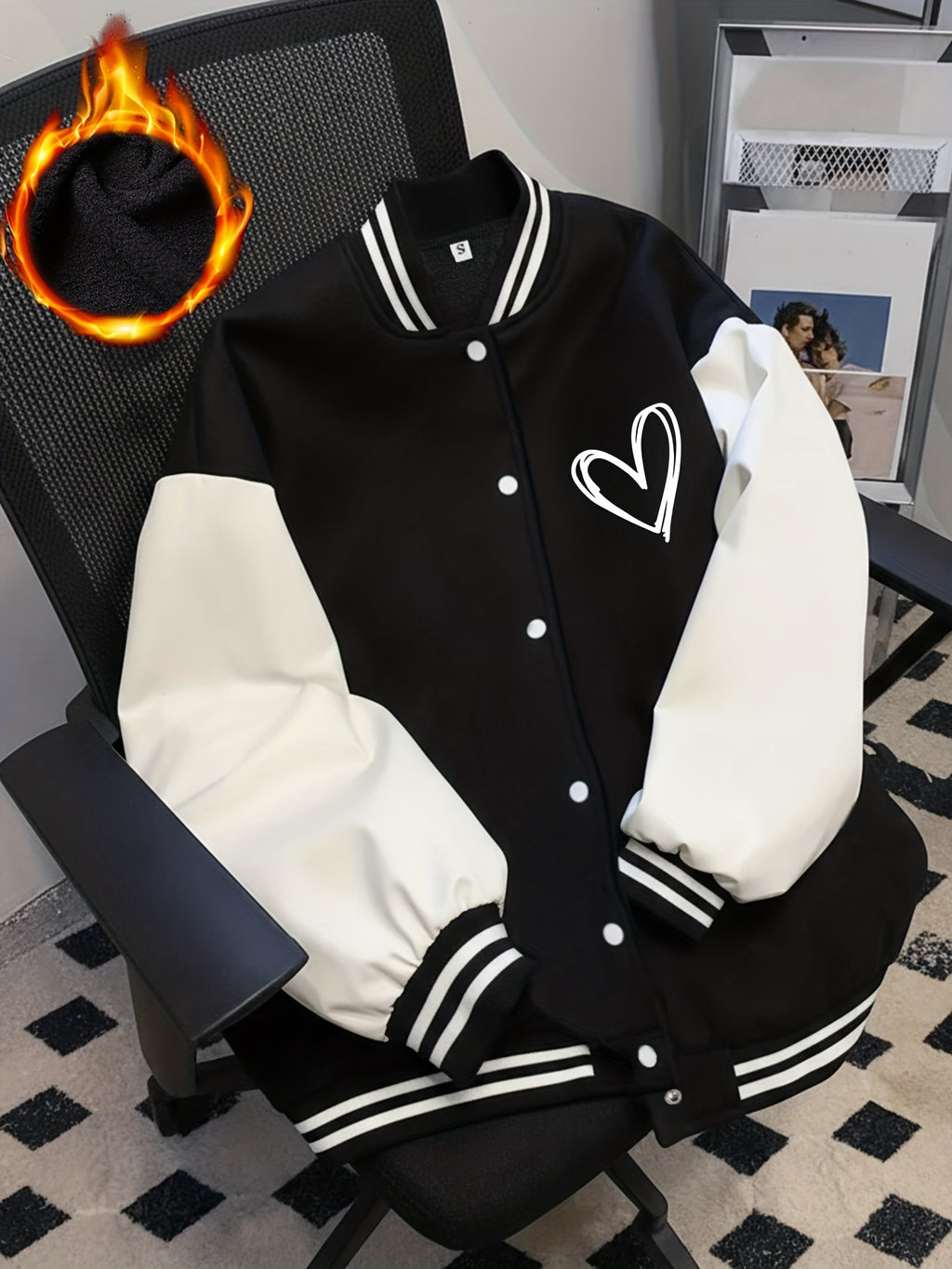 Women'S Retro Baseball Jacket, Black And White Patchwork Campus Style Coat, Leopard Print Bow Print Pattern, Fleece-Lined Zipperless Jacket, Suitable for Street Casual Wear, Machine Washable, Trendy Street Style - Black And White