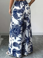 New Stylish Casual Tropical Print Vacation-Style Women'S Long Pants - Blue Flower